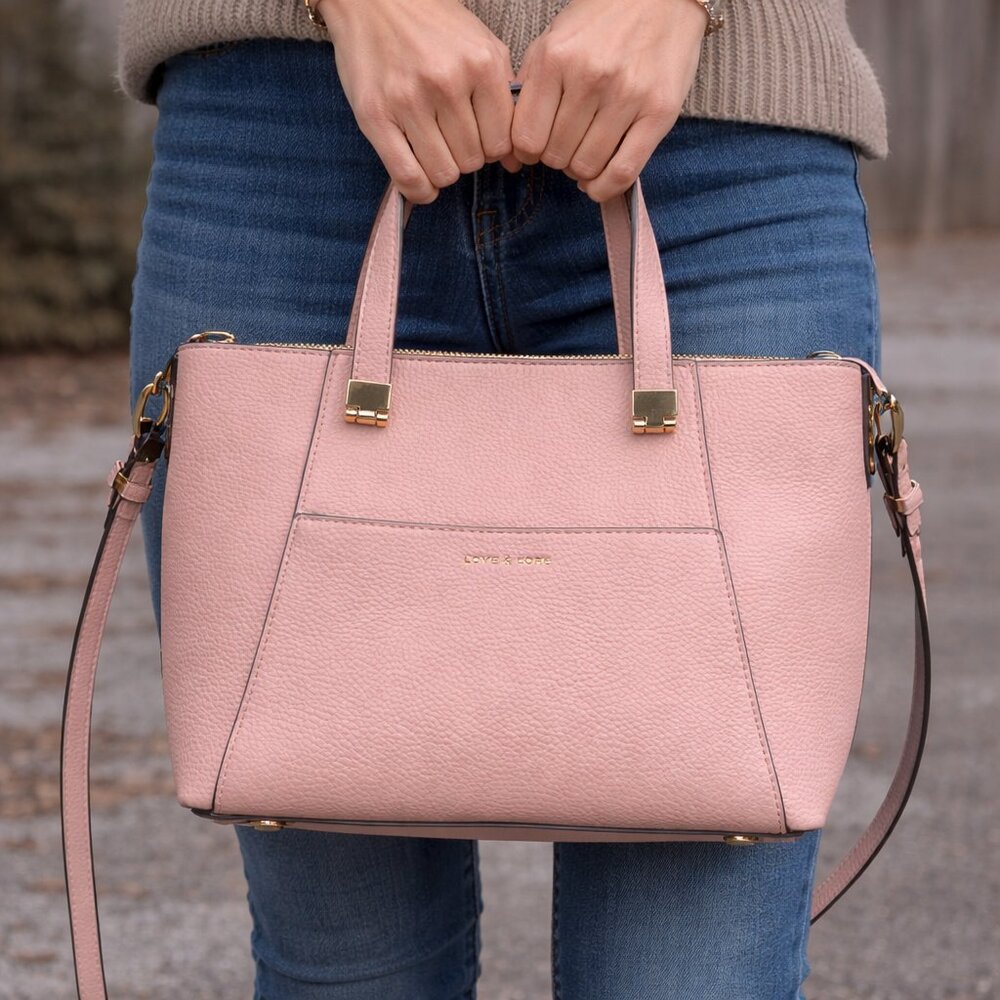 Love & Lore Pink Pebbled Leather Satchel Tote Crossbody Bag Gold Hardware